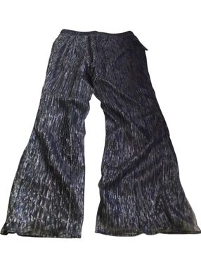 M.STUDIO Women's Navy & Metallic Silver Pleated Wide-Leg Pants New Size L